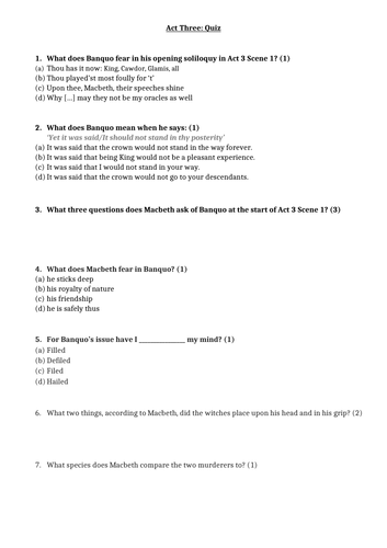 Macbeth Act 3 Quiz and Answers worksheet