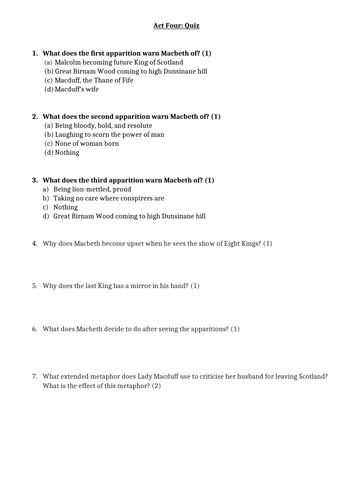Macbeth Act 4 Quiz and Answers worksheet