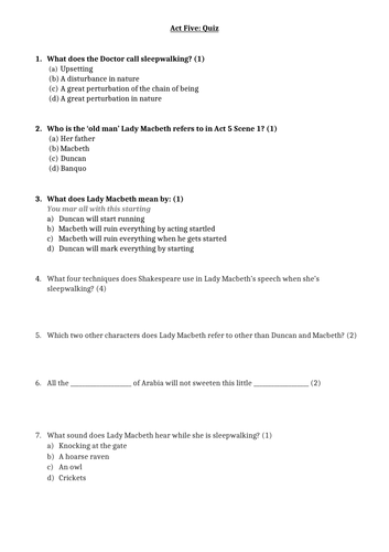 Macbeth Act 5 Quiz and Answers worksheet
