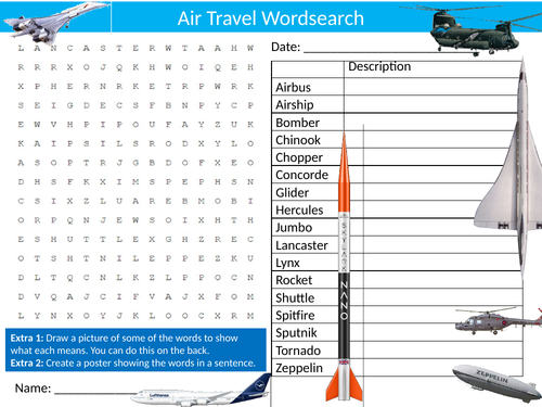 Air Travel Wordsearch Sheet Starter Activity Keywords Cover Homework Transport Aeroplanes