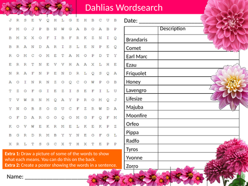Dahlia Flower Wordsearch Nature Gardening Starter Settler Homework Cover Gardening Club