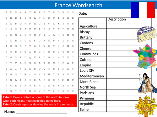 France Wordsearch Puzzle Sheet Keywords Settler Starter Cover Lesson Country Geography