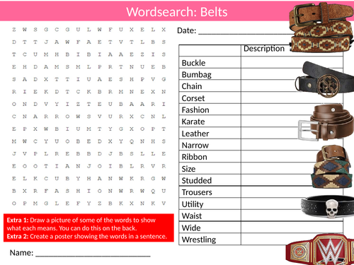 Belts Wordsearch Sheet Starter Activity Keywords Cover Textiles Clothing