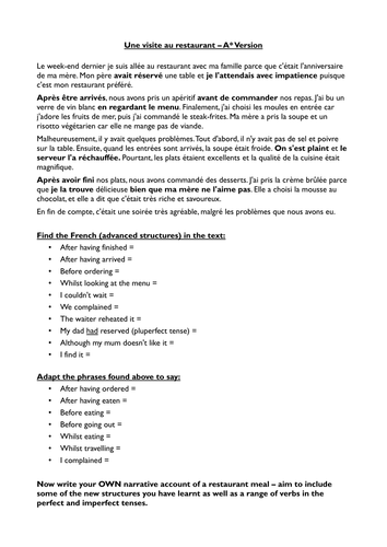 Au restaurant - Vocabulary and Grade 9 sentences