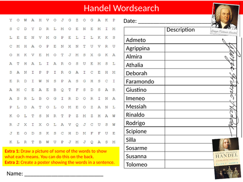 Handel Wordsearch Puzzle Sheet Keywords Settler Starter Cover Lesson Composer Music