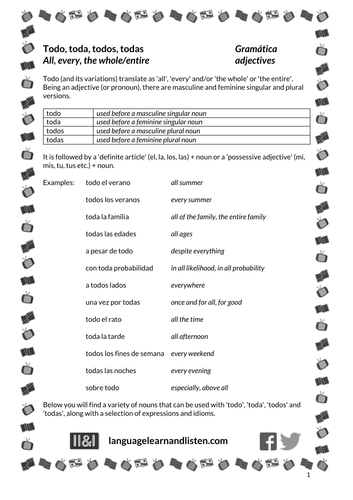 Spanish - Adjectives - Todo, toda, todos, todas