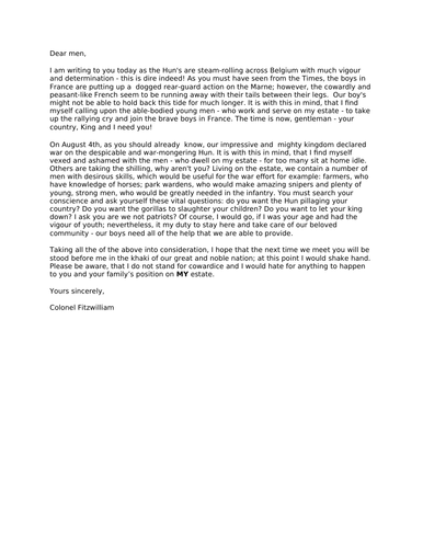 Letter convincing men to joing up in WW1 - model text