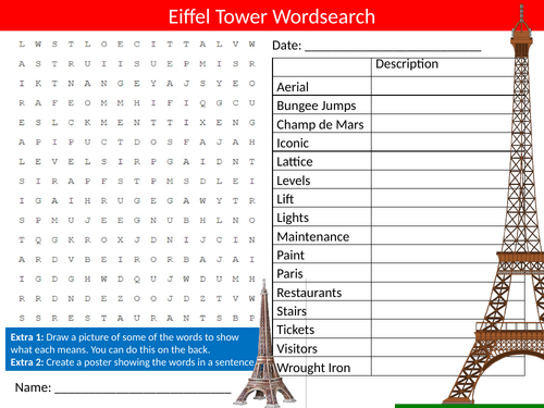 The Eiffel Tower Wordsearch Sheet Buildings Starter Activity Keywords