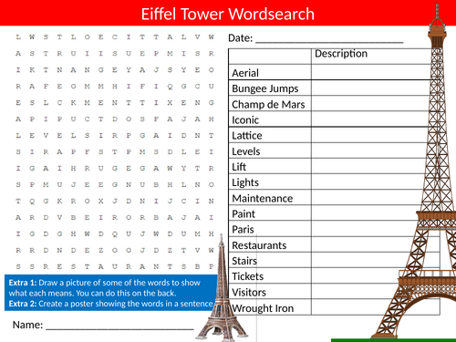 The Eiffel Tower Wordsearch Sheet Buildings Starter Activity Keywords Cover Architecture