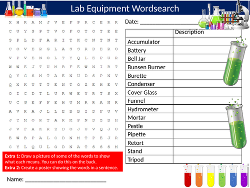 3 x Science Lab Equipment Wordsearch Laboratory Starter Settler Activity Homework Cover Lesson