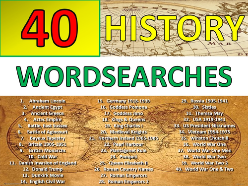 40 History Wordsearch Starter Activities KS3 GCSE Cover Homework Plenary Settler Wordsearches