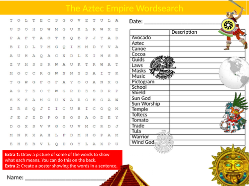2 x The Aztec Empire Wordsearch Sheet Starter Activity Keywords Cover History