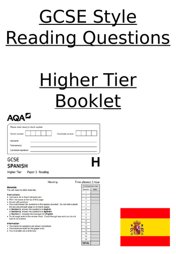 Spanish GCSE AQA Style Reading Booklet [Higher Tier]