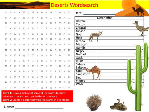 3 x Deserts Wordsearch Sheet Starter Activity Keywords Cover Homework Geography