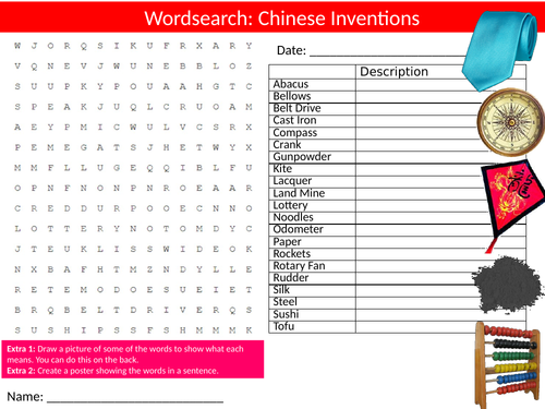 Chinese Inventions Wordsearch Puzzle Sheet Keywords Settler Starter Cover Lesson Design China