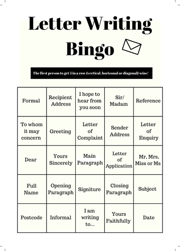 Functional Skills / English GCSE Language Letter Writing Bingo X6 Bingo A4 Sheets