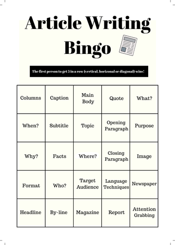 Functional Skills / English GCSE Language Article Writing Bingo X6 Bingo A4 Sheets