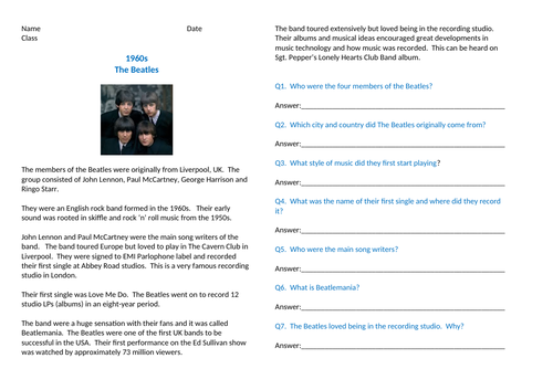 pop music worksheet comparing two singles by the beatles teaching resources