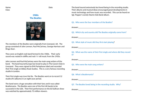Pop music worksheet - comparing two singles by The Beatles
