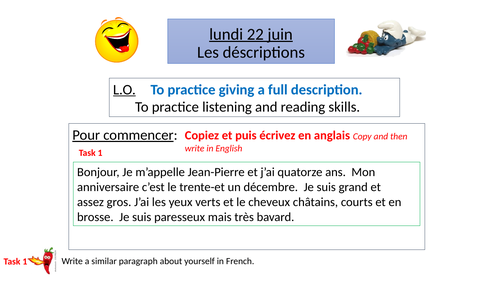 Les Déscriptions - final lesson looking at a whole description.