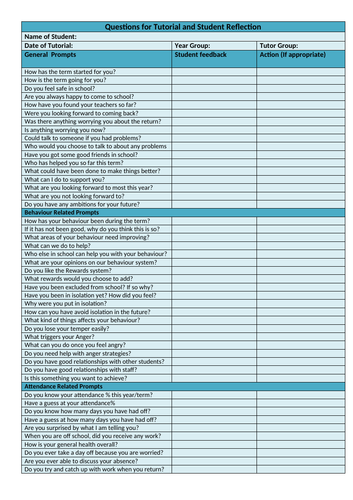 Tutorial  Prompts/Reflective Questions for Students (To be led by form Tutors)