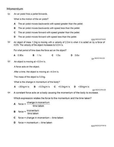 Momentum (IGCSE 0625 CLASSIFIED WORKSHEET WITH ANSWERS)