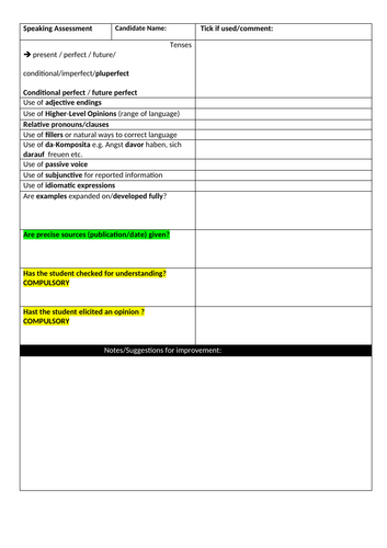 Notes sheet for Edexcel A level speaking practice