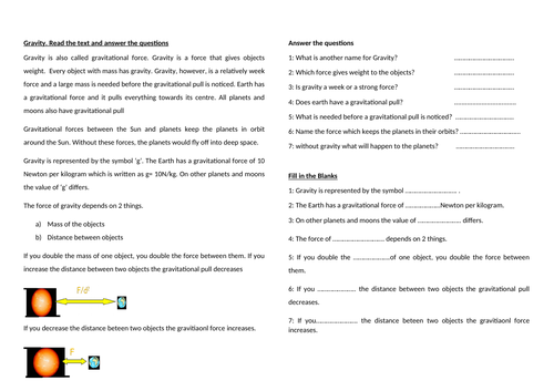 KS3 Gravity-Foundation Reading work sheet