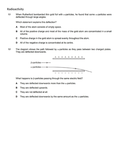 Atomic Structure and Radioactivity (MCQ's)(IGCSE 0625 CLASSIFIED WORKSHEET WITH ANSWERS)