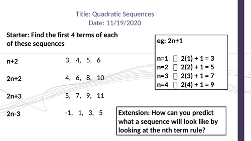 Quadratic Sequences (Adapted Lesson with Handout, Recap and Exit Pass)