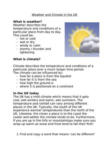Climate and Weather in the UK Reading Comprehension