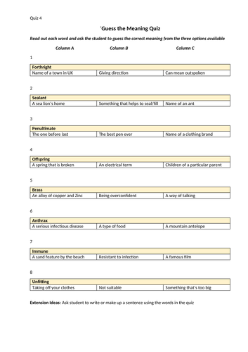 Word Quizzes 1-10...Including 5 Themed Quizzes for KS3/4