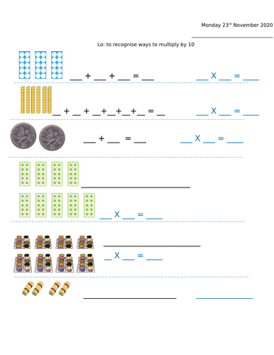 repeated addition and multiplication by 10 worksheet and powerpoint teaching resources