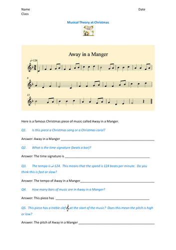 fun music theory activity based on away in a manger teaching resources