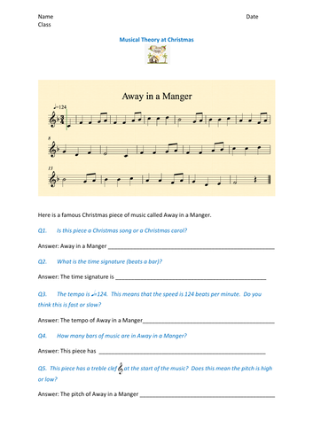 Fun music theory activity based on Away in a Manger