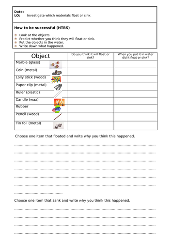 ks1 science floating and sinking activities and worksheets teaching