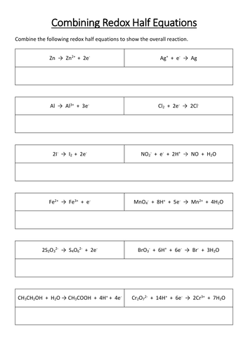 Redox Combining Half Equations Worksheet
