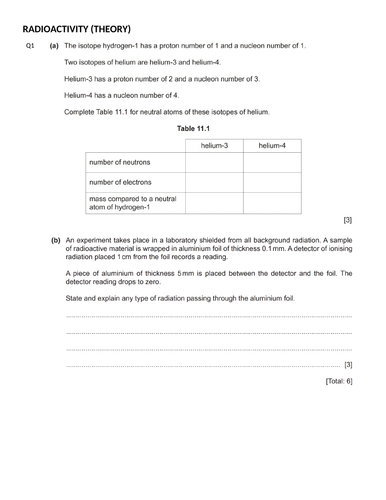 Atomic Structure and Radioactivity (THEORY)(IGCSE 0625 CLASSIFIED WORKSHEET) WITH ANSWERS