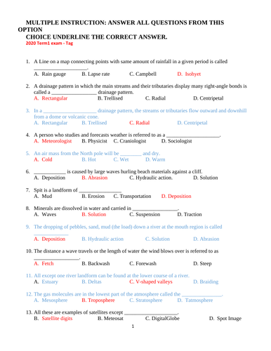 Geography  multiple Choice  and Subjective   Examination Question and Answer  For Year 8 KS3.