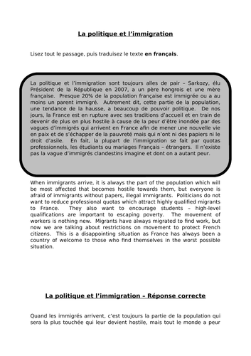 La politique et l’immigration  - translation into French