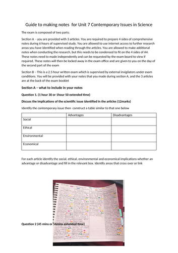 Guide for making notes for Unit 7 Contemporary Issues in Science Exam (Section A)