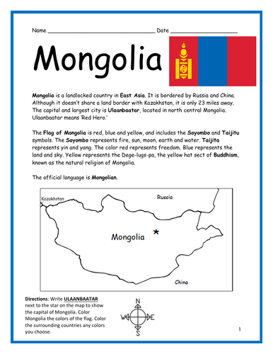 MONGOLIA - Introductory Geography Worksheet
