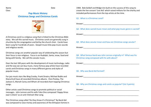 fun christmas pop music worksheet comparing two singles teaching resources