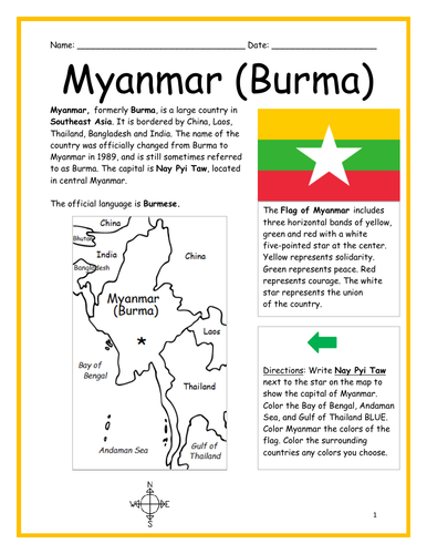 MYANMAR BURMA - Introductory Geography Worksheet