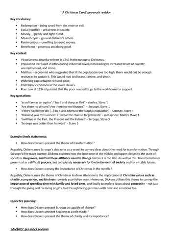 A Christmas Carol and Macbeth pre-exam revision sheet (AQA Lit Paper 1)