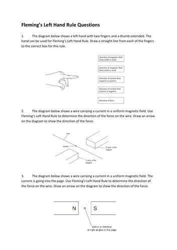 Fleming's Left Hand Rule Practice Questions. GCSE/IGCSE.