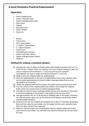 Year 12 A level Chemistry Practical Endorsement Sheets