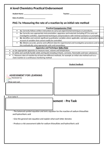 Year 13 A level Chemistry Practical Endorsement Sheets