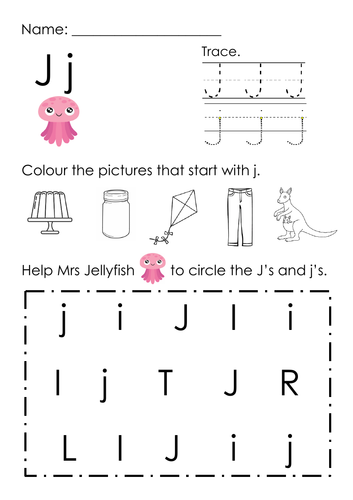 (Alphabets) Finding Letter J j and Pictures Printable