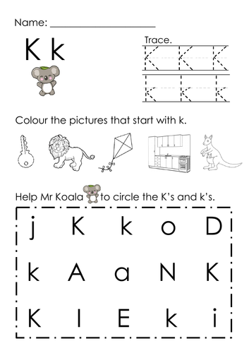 (Alphabets) Finding Letter K k and Pictures Printable